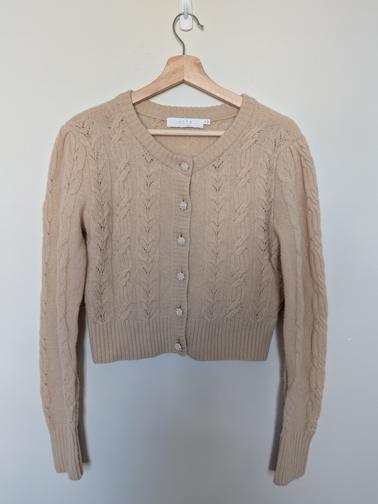 Astr Sweaters - ASTR the Label "Peri" Cable Knit Cropped Cardigan, Vanilla, 100% Wool
